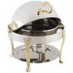 Bon Chef 17014 Petite 3 Qt. Dripless Round Stainless Steel with Brass Accents Roll Top Chafer with Renaissance Legs Bon Chef 17014 Petite 3 Qt. Dripless Round Stainless Steel with Brass Accents Roll Top Chafer with Renaissance Legs