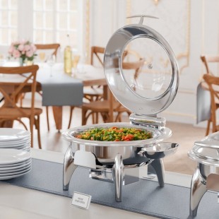 Acopa Voyage 6 Qt. Round Stainless Steel Induction / Traditional Dual-Purpose Chafer with Glass Top, Soft-Close Lid, and Stand with Fuel Holder Acopa Voyage 6 Qt. Round Stainless Steel Induction / Traditional Dual-Purpose Chafer with Glass Top, Soft-Close Lid, and Stand with Fuel Holder