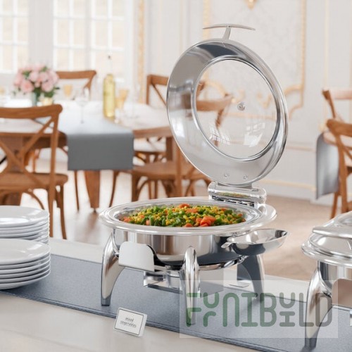 Acopa Voyage 6 Qt. Round Stainless Steel Induction / Traditional Dual-Purpose Chafer with Glass Top, Soft-Close Lid, and Stand with Fuel Holder