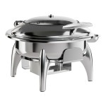 Acopa Voyage 6 Qt. Round Stainless Steel Induction / Traditional Dual-Purpose Chafer with Glass Top, Soft-Close Lid, and Stand with Fuel Holder
