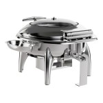 Acopa Voyage 6 Qt. Round Stainless Steel Induction / Traditional Dual-Purpose Chafer with Glass Top, Soft-Close Lid, and Stand with Fuel Holder