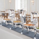 Acopa Voyage 6 Qt. Round Stainless Steel Induction / Traditional Dual-Purpose Chafer with Glass Top, Soft-Close Lid, and Stand with Fuel Holder