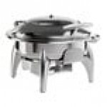 Acopa Voyage 6 Qt. Round Stainless Steel Induction / Traditional Dual-Purpose Chafer with Glass Top, Soft-Close Lid, and Stand with Fuel Holder