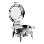 Acopa Voyage 6 Qt. Round Stainless Steel Induction / Traditional Dual-Purpose Chafer with Glass Top, Soft-Close Lid, and Stand with Fuel Holder