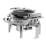 Acopa Voyage 6 Qt. Round Stainless Steel Induction / Traditional Dual-Purpose Chafer with Glass Top, Soft-Close Lid, and Stand with Fuel Holder