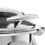 Acopa Voyage 6 Qt. Round Stainless Steel Induction / Traditional Dual-Purpose Chafer with Glass Top, Soft-Close Lid, and Stand with Fuel Holder