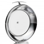Acopa Voyage 6 Qt. Round Stainless Steel Induction / Traditional Dual-Purpose Chafer with Glass Top, Soft-Close Lid, and Stand with Fuel Holder