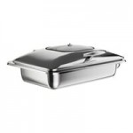 Acopa Voyage 6 Qt. Round Stainless Steel Induction / Traditional Dual-Purpose Chafer with Glass Top, Soft-Close Lid, and Stand with Fuel Holder