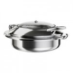 Acopa Voyage 6 Qt. Round Stainless Steel Induction / Traditional Dual-Purpose Chafer with Glass Top, Soft-Close Lid, and Stand with Fuel Holder