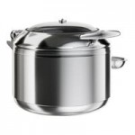 Acopa Voyage 6 Qt. Round Stainless Steel Induction / Traditional Dual-Purpose Chafer with Glass Top, Soft-Close Lid, and Stand with Fuel Holder
