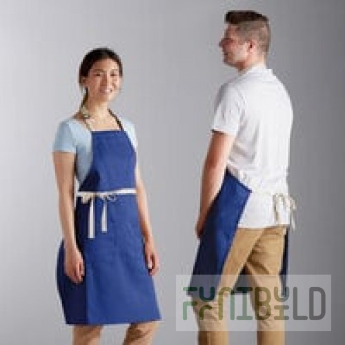 Choice Navy Blue Poly-Cotton Adjustable Bib Apron with 2 Pockets and Natural Webbing Accents - 32