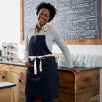 Choice Navy Blue Poly-Cotton Adjustable Bib Apron with 2 Pockets and Natural Webbing Accents - 32