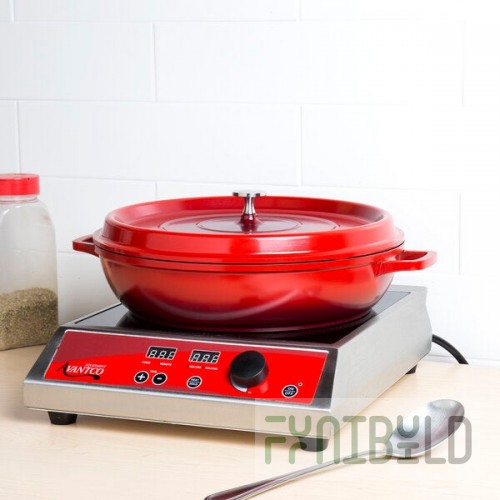 GET Heiss 4.5 Qt. Red Enamel Coated Cast Aluminum Brazier / Paella Dish with Lid CA-008-R/BK/CC