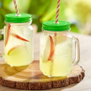 Acopa Rustic Charm 16 oz. Drinking Jar with Handle and Green Metal Lid with Straw Hole - 12/Case