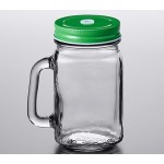 Acopa Rustic Charm 16 oz. Drinking Jar with Handle and Green Metal Lid with Straw Hole - 12/Case