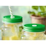 Acopa Rustic Charm 16 oz. Drinking Jar with Handle and Green Metal Lid with Straw Hole - 12/Case