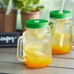 Acopa Rustic Charm 16 oz. Drinking Jar with Handle and Green Metal Lid with Straw Hole - 12/Case