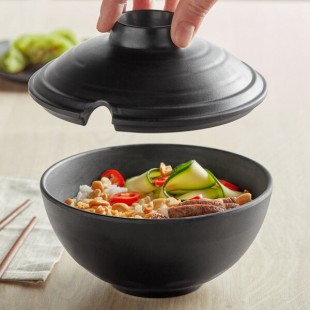 GET B-200-BK Nara 20 oz. Black Matte Round Melamine Bowl with Lid - 12/Case