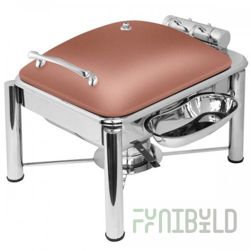 Eastern Tabletop 3964PLCP Crown 4 Qt. Square Copper Coated Stainless Steel Induction Chafer with Pillar'd Legs and Hinged Dome Cover