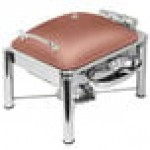 Eastern Tabletop 3964PLCP Crown 4 Qt. Square Copper Coated Stainless Steel Induction Chafer with Pillar'd Legs and Hinged Dome Cover Eastern Tabletop 3964PLCP Crown 4 Qt. Square Copper Coated Stainless Steel Induction Chafer with Pillar'd Legs and Hinged Dome Cover