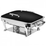 Eastern Tabletop 3964PLCP Crown 4 Qt. Square Copper Coated Stainless Steel Induction Chafer with Pillar'd Legs and Hinged Dome Cover Eastern Tabletop 3964PLCP Crown 4 Qt. Square Copper Coated Stainless Steel Induction Chafer with Pillar'd Legs and Hinged Dome Cover
