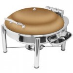 Eastern Tabletop 3964PLCP Crown 4 Qt. Square Copper Coated Stainless Steel Induction Chafer with Pillar'd Legs and Hinged Dome Cover Eastern Tabletop 3964PLCP Crown 4 Qt. Square Copper Coated Stainless Steel Induction Chafer with Pillar'd Legs and Hinged Dome Cover