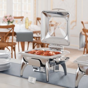 Acopa Voyage 5 Qt. 2/3 Size Stainless Steel Induction Chafer with Glass Top, Soft-Close Lid, and Stand with Fuel Holder Acopa Voyage 5 Qt. 2/3 Size Stainless Steel Induction Chafer with Glass Top, Soft-Close Lid, and Stand with Fuel Holder