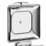 Acopa Voyage 5 Qt. 2/3 Size Stainless Steel Induction Chafer with Glass Top, Soft-Close Lid, and Stand with Fuel Holder