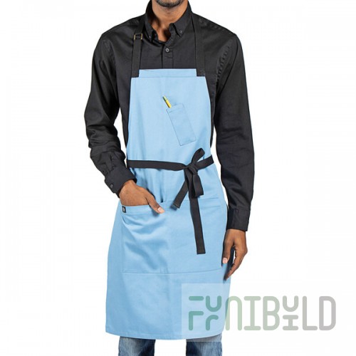 Uncommon Chef 3128 Blue Gray Customizable Poly-Cotton Surge Bib Apron with Black Webbing and 3 Pockets - 34