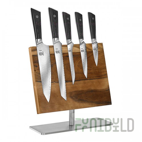Mercer Culinary 6-Piece Damascus-Style Knife Set with Magnetic Acacia Stand and Stainless Steel Base M21946