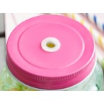 Acopa Rustic Charm 16 oz. Drinking Jar with Pink Metal Lid with Straw Hole - 12/Case