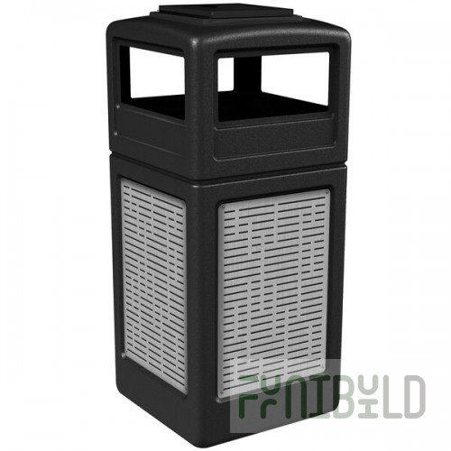 Commercial Zone 733006199 42 Gallon Black Square Trash Can with Stainless Steel Horizontal Line Panels and Ashtray Lid