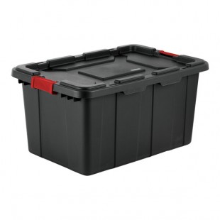 Sterilite 27 Gallon Black Industrial Storage Tote with Red Handle Lid 14669004 - 4/Case