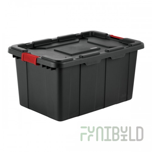 Sterilite 27 Gallon Black Industrial Storage Tote with Red Handle Lid 14669004 - 4/Case