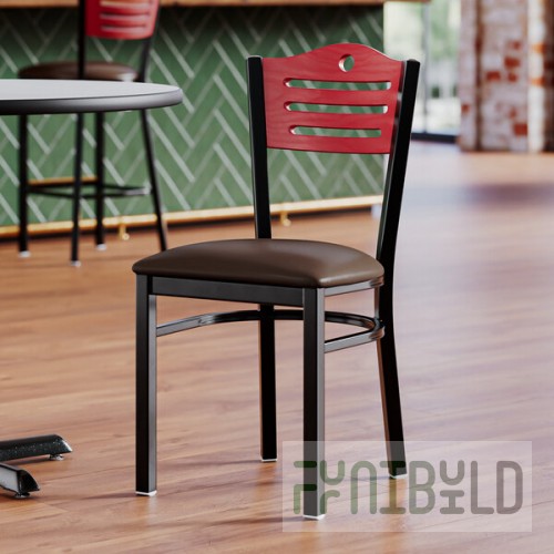 Lancaster Table & Seating Black Finish Side Chair with Dark Brown Vinyl Seat and Mahogany Wood Back - Assembled