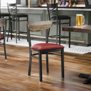 Lancaster Table & Seating Boomerang Black Finish Chair with Burgundy Vinyl Seat and Driftwood Back Lancaster Table & Seating Boomerang Black Finish Chair with Burgundy Vinyl Seat and Driftwood Back