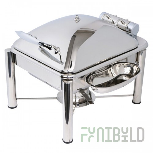 Eastern Tabletop 3964PL Crown 4 Qt. Stainless Steel Square Induction / Traditional Chafer with Pillar'd Stand and Hinged Dome Cover