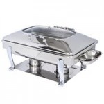 Eastern Tabletop 3964PL Crown 4 Qt. Stainless Steel Square Induction / Traditional Chafer with Pillar'd Stand and Hinged Dome Cover Eastern Tabletop 3964PL Crown 4 Qt. Stainless Steel Square Induction / Traditional Chafer with Pillar'd Stand and Hinged Dome Cover