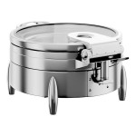 Acopa Manchester 6 Qt. Round Stainless Steel Induction / Traditional Dual Purpose Chafer with Glass Top, Soft Close Lid, and Stand with Fuel Holder