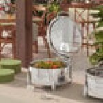 Acopa Manchester 6 Qt. Round Stainless Steel Induction / Traditional Dual Purpose Chafer with Glass Top, Soft Close Lid, and Stand with Fuel Holder