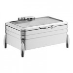 Acopa Manchester 6 Qt. Round Stainless Steel Induction / Traditional Dual Purpose Chafer with Glass Top, Soft Close Lid, and Stand with Fuel Holder