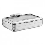 Acopa Manchester 6 Qt. Round Stainless Steel Induction / Traditional Dual Purpose Chafer with Glass Top, Soft Close Lid, and Stand with Fuel Holder