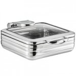 Acopa Manchester 6 Qt. Round Stainless Steel Induction / Traditional Dual Purpose Chafer with Glass Top, Soft Close Lid, and Stand with Fuel Holder