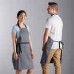 Choice White Poly-Cotton Adjustable Bib Apron with 2 Pockets and Black Webbing Accents - 32 Choice White Poly-Cotton Adjustable Bib Apron with 2 Pockets and Black Webbing Accents - 32