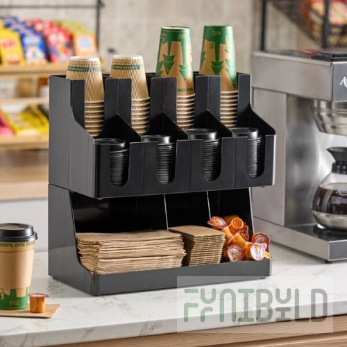 Choice Black 11-Section Countertop Cup, Lid and Napkin Organizer