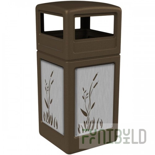 Commercial Zone 732996299 42 Gallon Brown Square Trash Can with Stainless Steel Cattail Panels and Dome Lid
