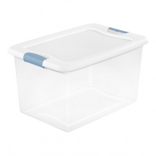 Sterilite 16 Gallon Clear Latch Box with White Lid and Marine Blue Handles 14978006 - 6/Case