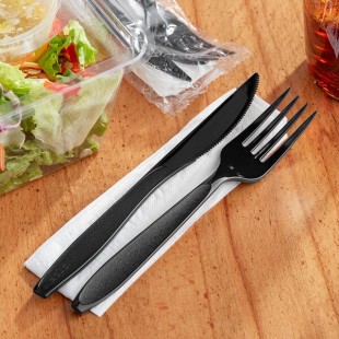 Solo Impress Heavy Weight Black Wrapped Plastic Cutlery Set with Fork, Knife, and Napkin - 250/Case Solo Impress Heavy Weight Black Wrapped Plastic Cutlery Set with Fork, Knife, and Napkin - 250/Case