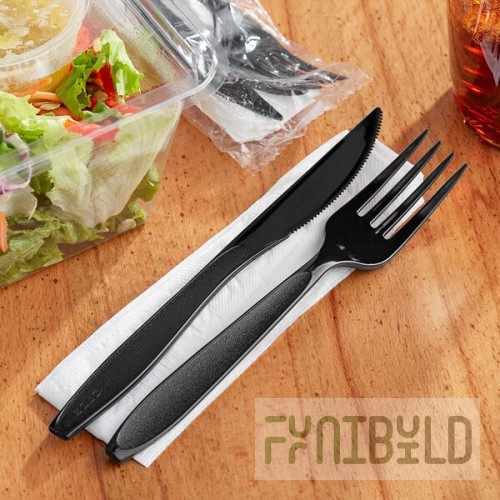 Solo Impress Heavy Weight Black Wrapped Plastic Cutlery Set with Fork, Knife, and Napkin - 250/Case