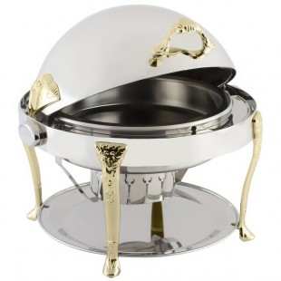 Bon Chef 17000 Elite Round 8 Qt. Dripless Round Stainless Steel with Brass Accents Roll Top Chafer with Renaissance Legs Bon Chef 17000 Elite Round 8 Qt. Dripless Round Stainless Steel with Brass Accents Roll Top Chafer with Renaissance Legs